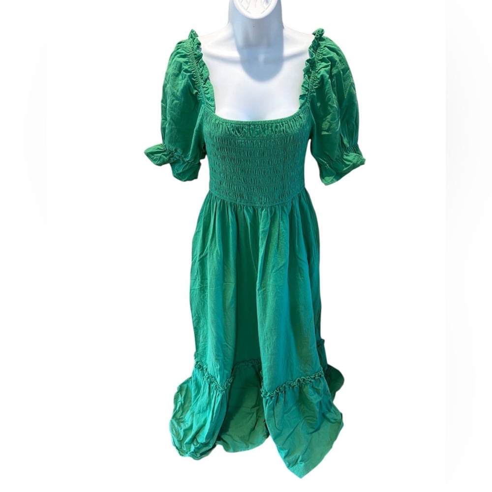 Ces Femme Green Smocked Puff-Sleeve Maxi Dress Size Medium